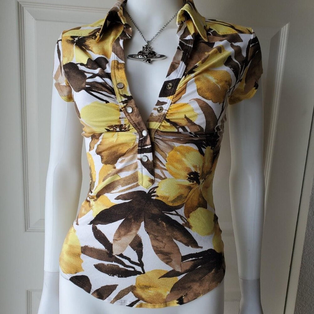 Cache Women's Y2k Yellow Short Sleeve Floral Print Blouse Sz Medium - Picture 1 of 8